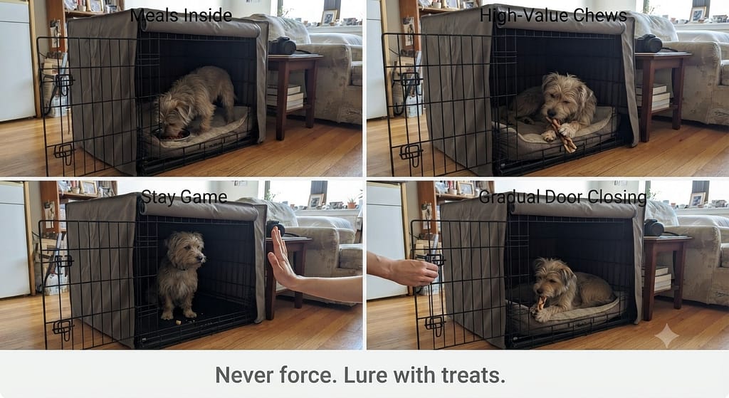 Crate training sequence (4 images) 1. Meals inside / 2. High-value chews / 3. "Stay" game / 4. Gradual door closing. Text: "Never force. Lure with treats."