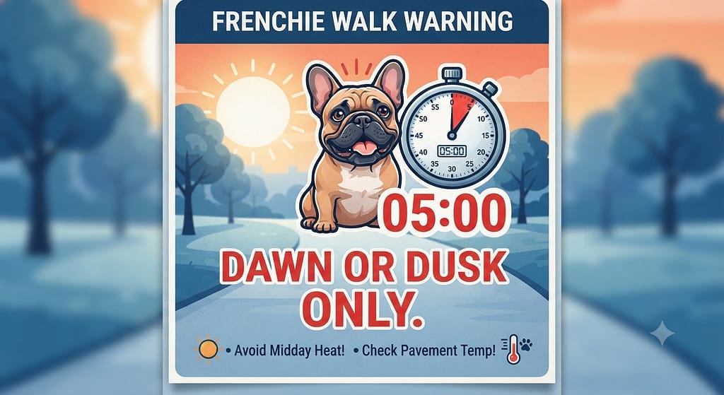 Frenchie walk warning graphic 5-minute timer, Frenchie icon. Text: "Dawn or dusk only."