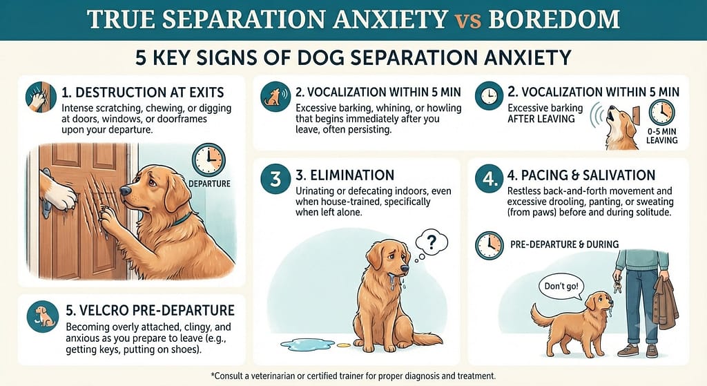5 signs infographic Destruction at exits / Vocalization within 5 min / Elimination / Pacing & salivation / Velcro pre-departure. Text: "True separation anxiety vs boredom."