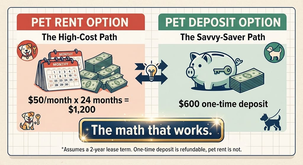 Deposit vs Rent comparison graphic $50/month x 24 months = $1,200 vs $600 one-time deposit. Text: "The math that works."
