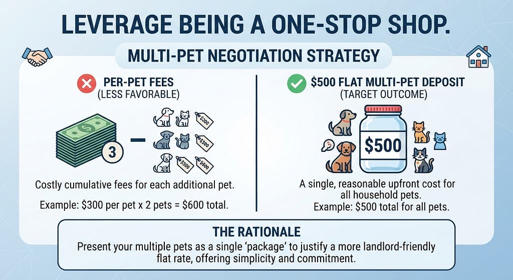 Multi-pet negotiation graphic $500 flat multi-pet deposit vs per-pet fees. Text: "Leverage being a one-stop shop."