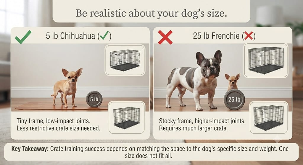 Size comparison photo 5lb Chihuahua (✅) vs 25lb Frenchie (❌). Text: "Be realistic about your dog's size."