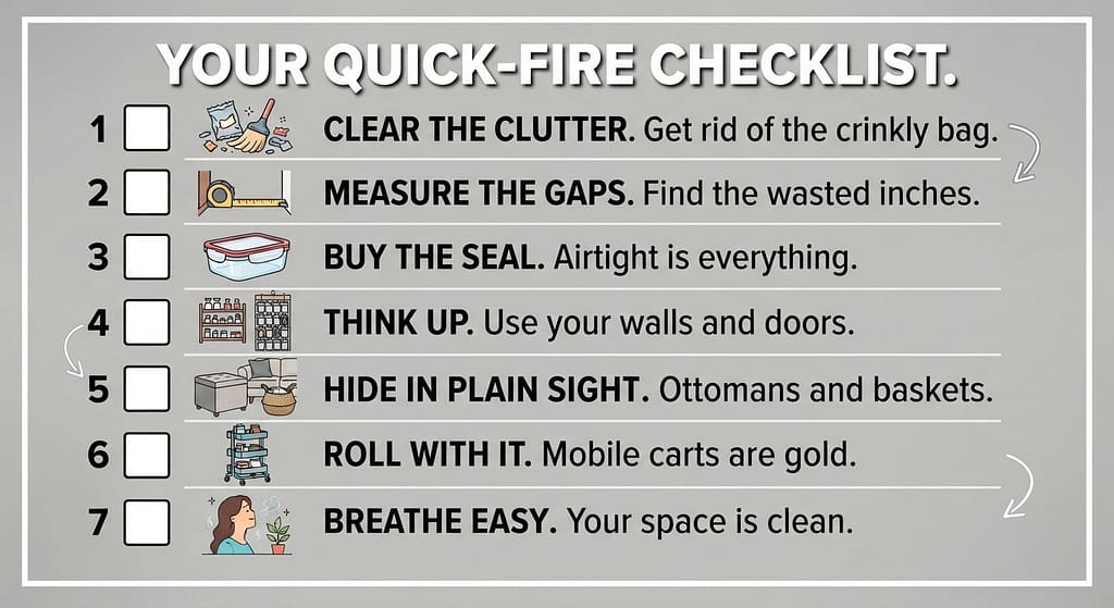 Action checklist graphic 7 steps with checkboxes. Text: "Your quick-fire checklist."