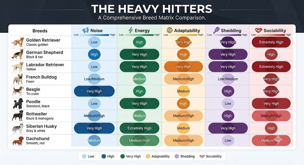 Breed matrix comparison chart 9 breeds with ratings: Noise, Energy, Adaptability, Shedding, Sociability. Color-coded. Text: "The heavy hitters."