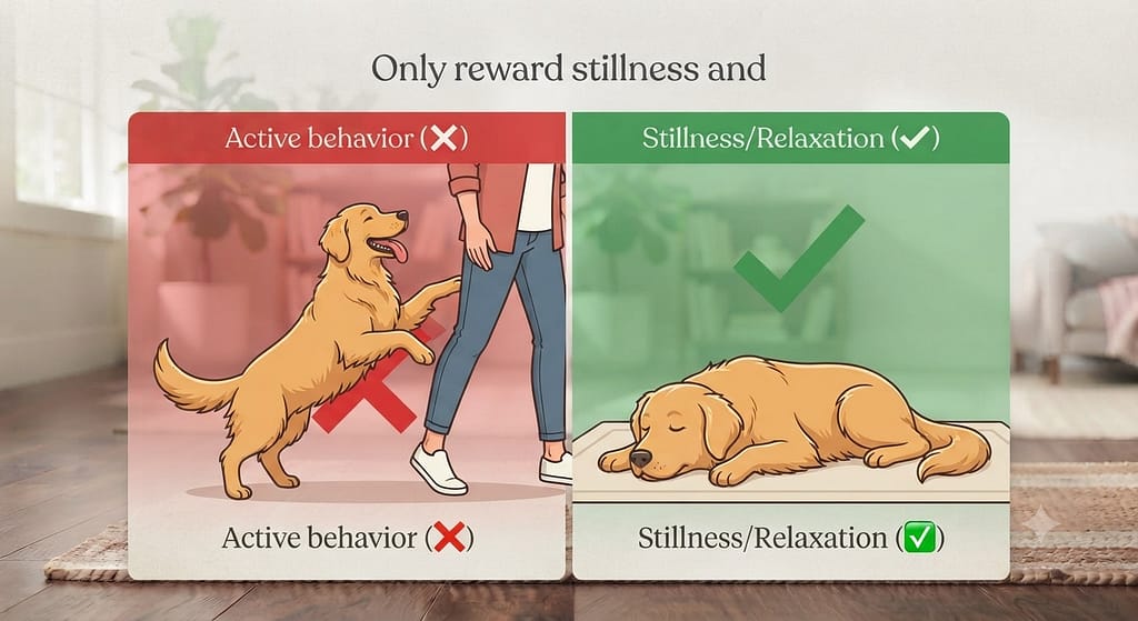 Active vs calm graphic Active behavior (❌) vs Stillness/Relaxation (✅). Text: "Only reward stillness and