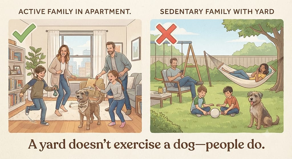 Active family vs yard graphic Active family in apartment (✅) vs Sedentary family with yard (❌). Text: "A yard doesn't exercise a dog—people do."
