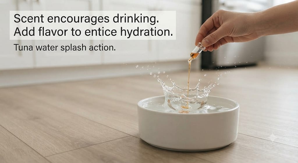 Tuna water action photo Adding splash to water bowl. Text: "Scent encourages drinking."