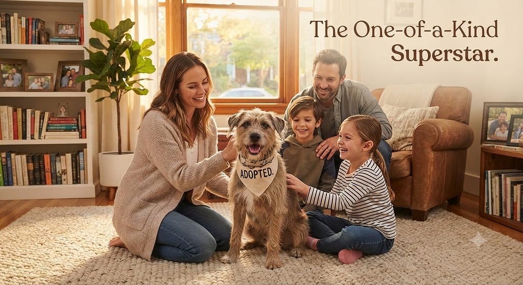 Mixed breed with kids hero photo Adopted mixed breed with family. Text: "The One-of-a-Kind Superstar."