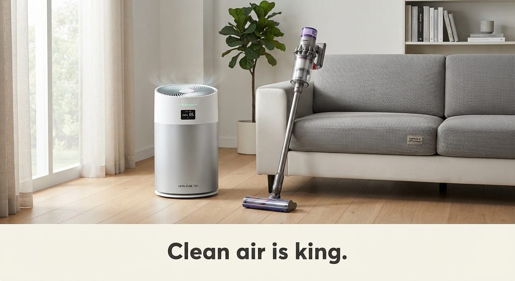HEPA purifier + vacuum photo Air purifier running, HEPA vacuum, washable covers. Text: "Clean air is king."