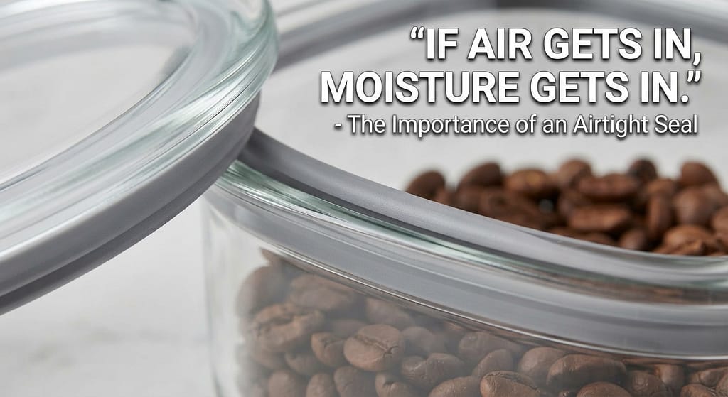 Silicone gasket close-up Airtight seal on container. Text: "If air gets in, moisture gets in."