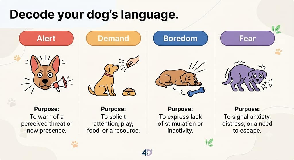 Bark type icons Alert, Demand, Boredom, Fear. Text: "Decode your dog's language."