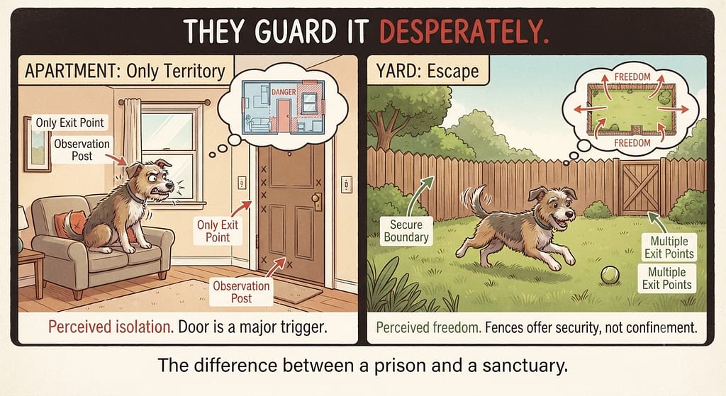 Apartment vs yard comparison Apartment = only territory / Yard = escape. Text: "They guard it desperately."