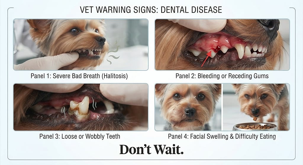 Vet warning signs Bad breath, bleeding gums, loose teeth, difficulty eating, swelling. Text: "Don't wait."