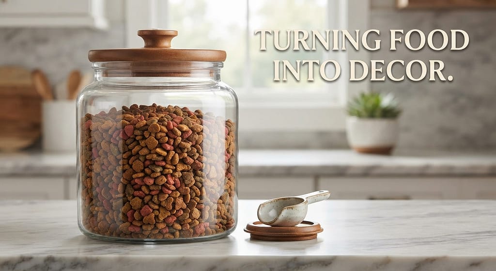 Apothecary jar photo Beautiful glass jar with kibble, wooden lid, on counter. Text: "Turning food into decor."