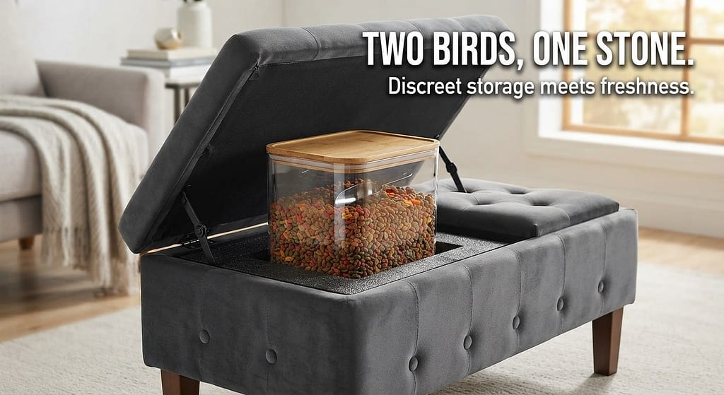 Storage ottoman hero photo Beautiful ottoman with lid open, revealing airtight container inside. Text: "Two birds, one stone."