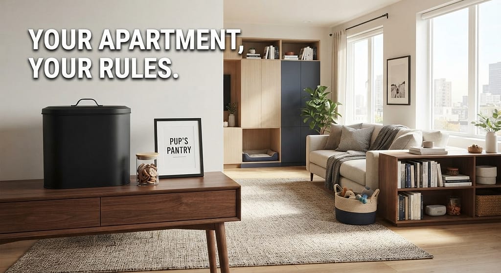 "After" hero photo Beautifully organized apartment with dog food storage seamlessly integrated. Text: "Your apartment, your rules."