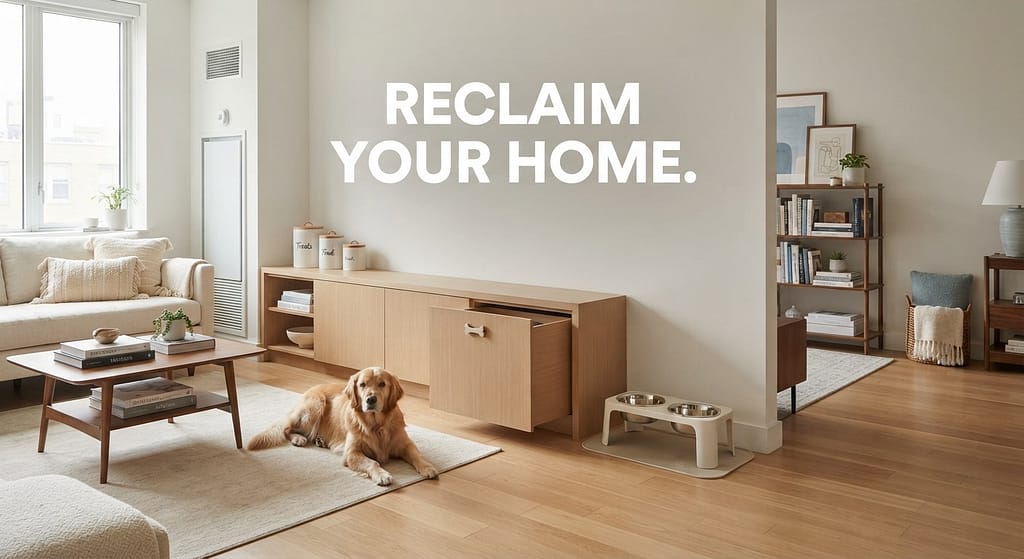 Aspirational hero photo Beautifully organized apartment with integrated dog food storage. Text: "Reclaim your home."