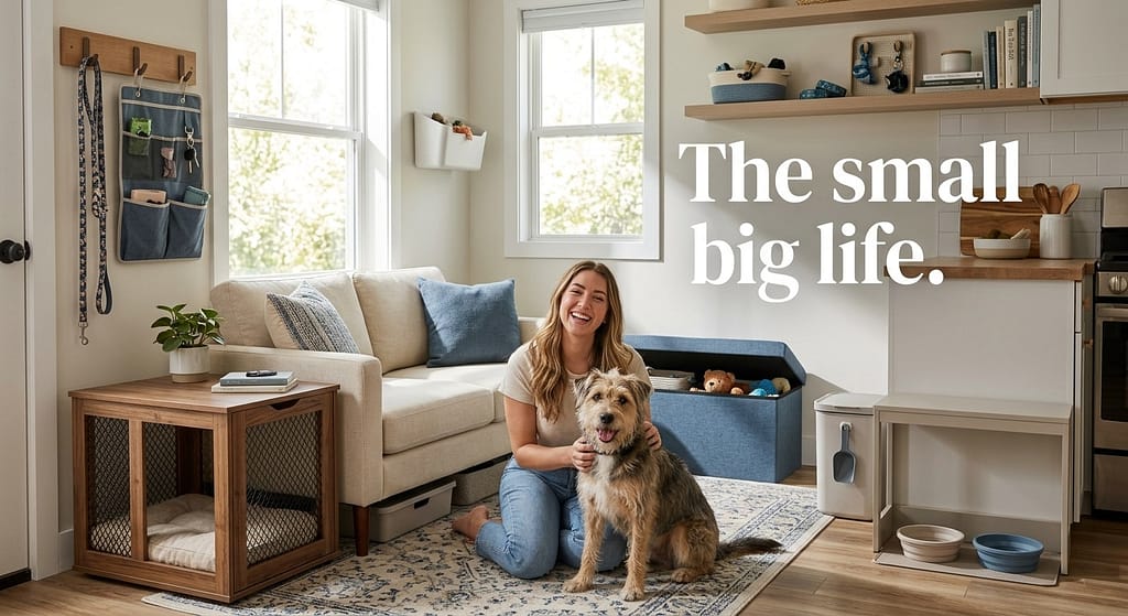 "After" hero photo Beautifully organized small apartment with dog gear integrated, happy owner and dog. Text: "The small space, big life."