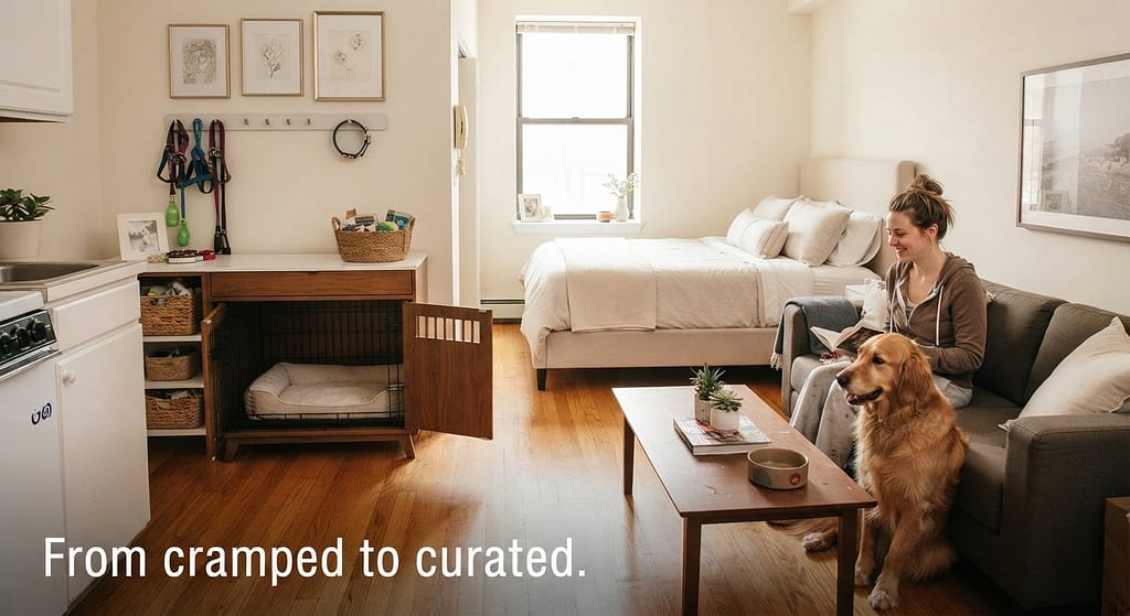 Aspirational hero photo Beautifully organized small apartment with dog gear integrated seamlessly. Text: "From cramped to curated."