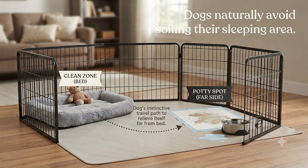 Clean vs dirty diagram Bed (clean) vs Potty spot (far side). Text: "Dogs naturally avoid soiling their sleeping area."
