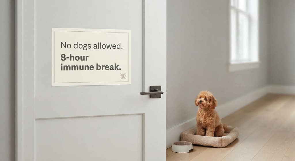 Bedroom with closed door photo Bedroom door closed, "no dogs allowed" sign. Text: "8-hour immune break."
