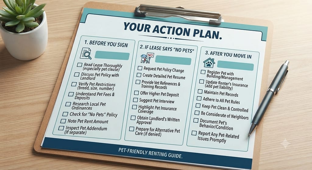 Printable checklist mockup Before You Sign / If Lease Says "No Pets" / After You Move In. Text: "Your action plan."