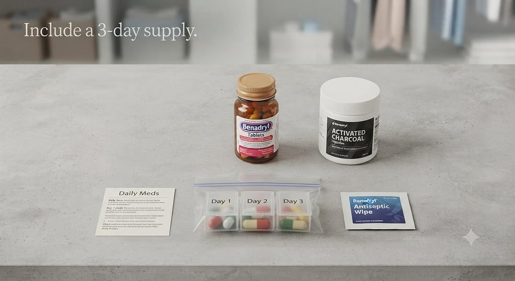 Medication flat lay Benadryl, activated charcoal, daily meds in baggie. Text: "Include a 3-day supply."