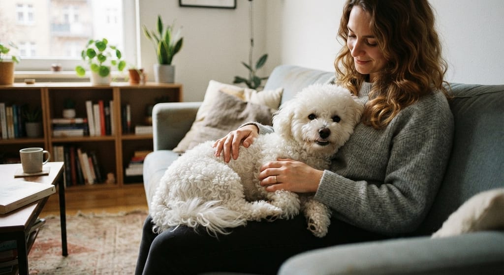 Bichon on lap photo Bichon cuddling on lap, small apartment setting.