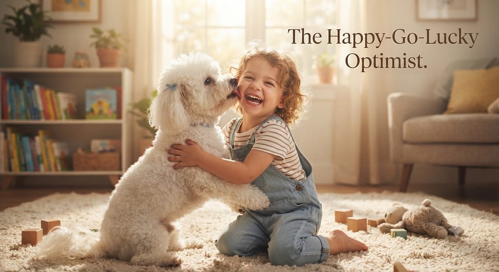 Bichon with kids hero photo Bichon happily with child. Text: "The Happy-Go-Lucky Optimist."