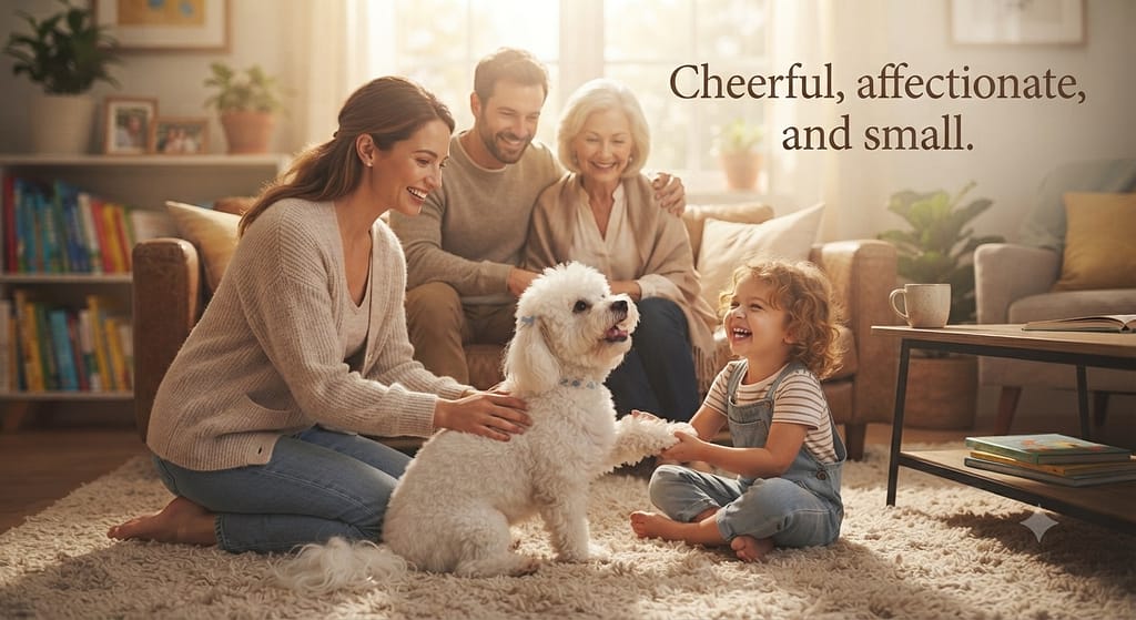 Bichon family photo Bichon with family. Text: "Cheerful, affectionate, and small."