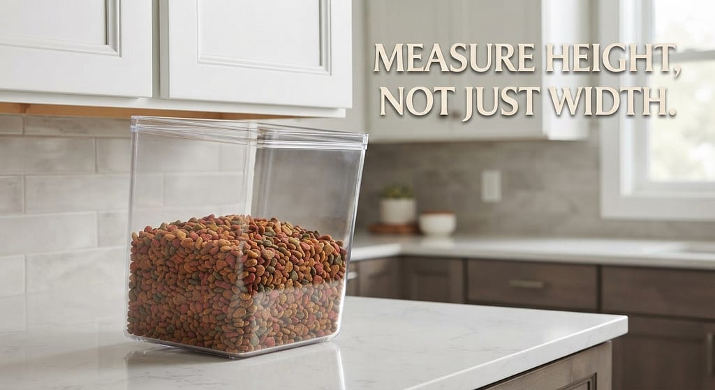 Container too tall photo Bin doesn't fit under cabinet. Text: "Measure height, not just width."