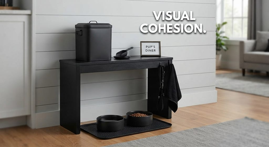 Cohesive feeding station photo Black bin, black bowls, organized. Text: "Visual cohesion."