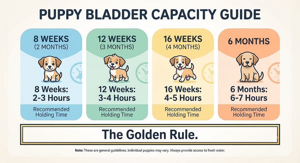 Bladder capacity chart 8 weeks: 2-3 hours / 12 weeks: 3-4 hours / 16 weeks: 4-5 hours / 6 months: 6-7 hours. Text: "The Golden Rule."