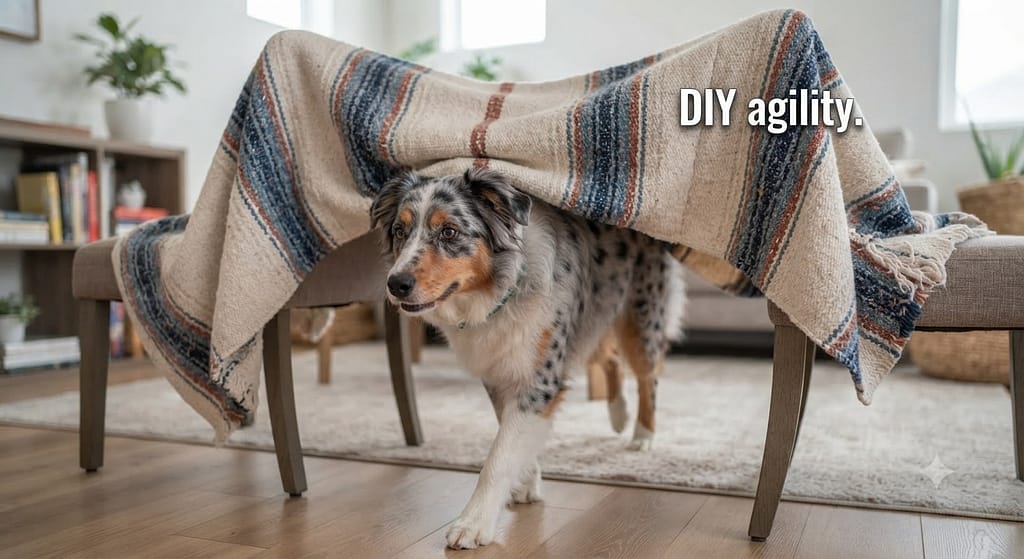 Tunnel obstacle photo Blanket draped over chairs, dog going through. Text: "DIY agility."