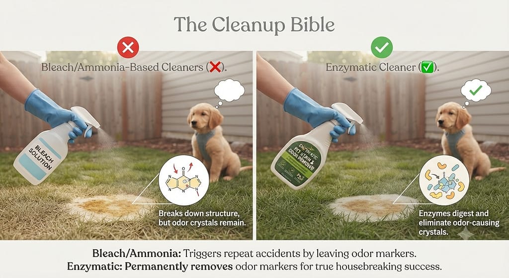 Cleaner comparison photo Bleach/Ammonia (❌) vs Enzymatic Cleaner (✅). Text: "The Cleanup Bible."