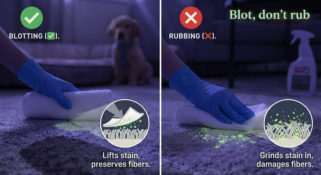 Blot vs rub comparison Blotting (✅) vs Rubbing (❌). Text: "Blot, don't rub."