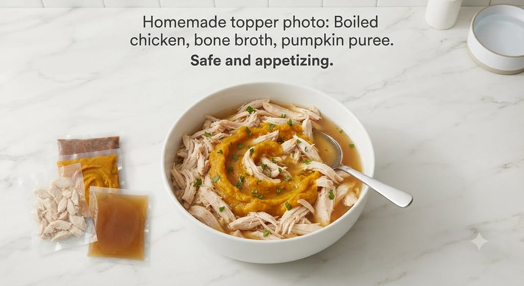 Homemade topper photo Boiled chicken, bone broth, pumpkin puree. Text: "Safe and appetizing."