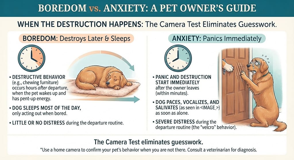 Boredom vs anxiety comparison Bored: destroys hours later, sleeps most of day / Anxiety: panic immediately. Text: "The Camera Test eliminates guesswork."