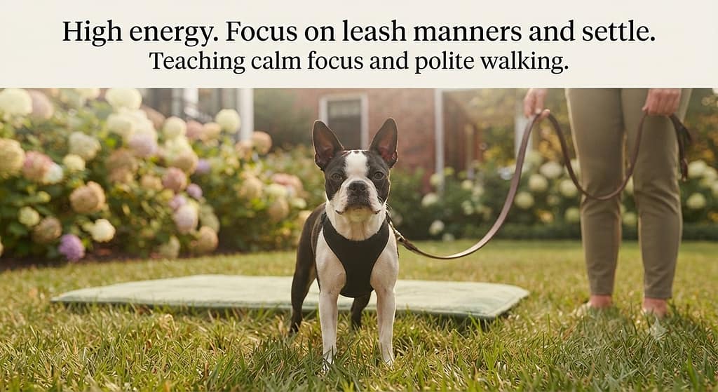 Boston training photo Boston Terrier on loose leash. Text: "High energy. Focus on leash manners and settle."