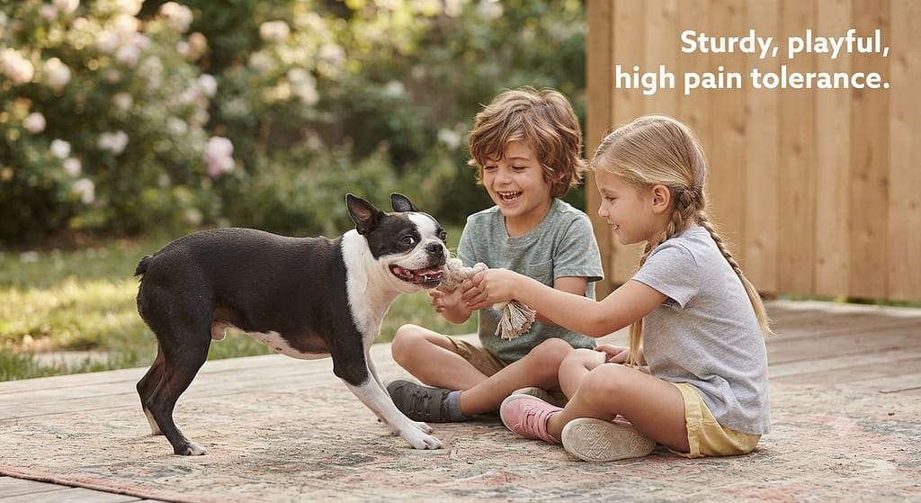 Boston Terrier with kids photo Boston Terrier playing gently with children. Text: "Sturdy, playful, high pain tolerance."