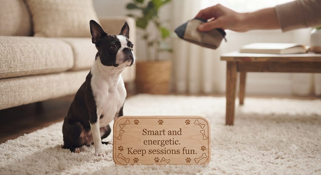 Boston impulse control photo Boston focusing on owner. Text: "Smart and energetic. Keep sessions fun."