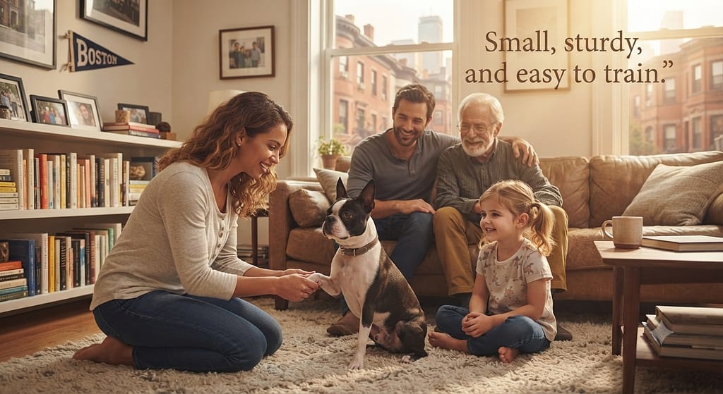 Boston apartment photo Boston in apartment with family. Text: "Small, sturdy, and easy to train."