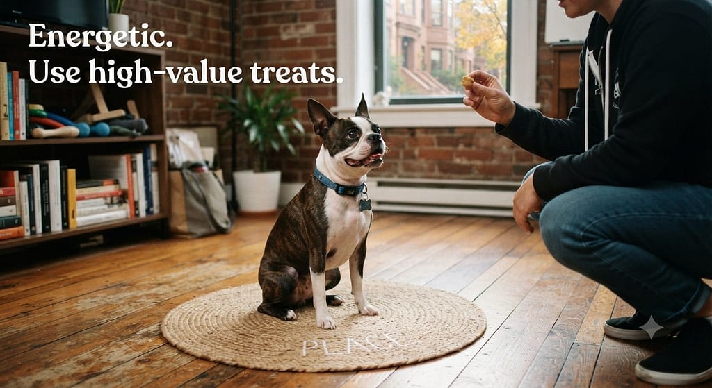 Boston settle photo Boston on "Place." Text: "Energetic. Use high-value treats."