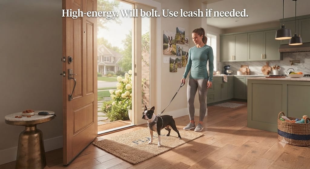 Boston doorway photo Boston on leash at door. Text: "High-energy. Will bolt. Use leash if needed."