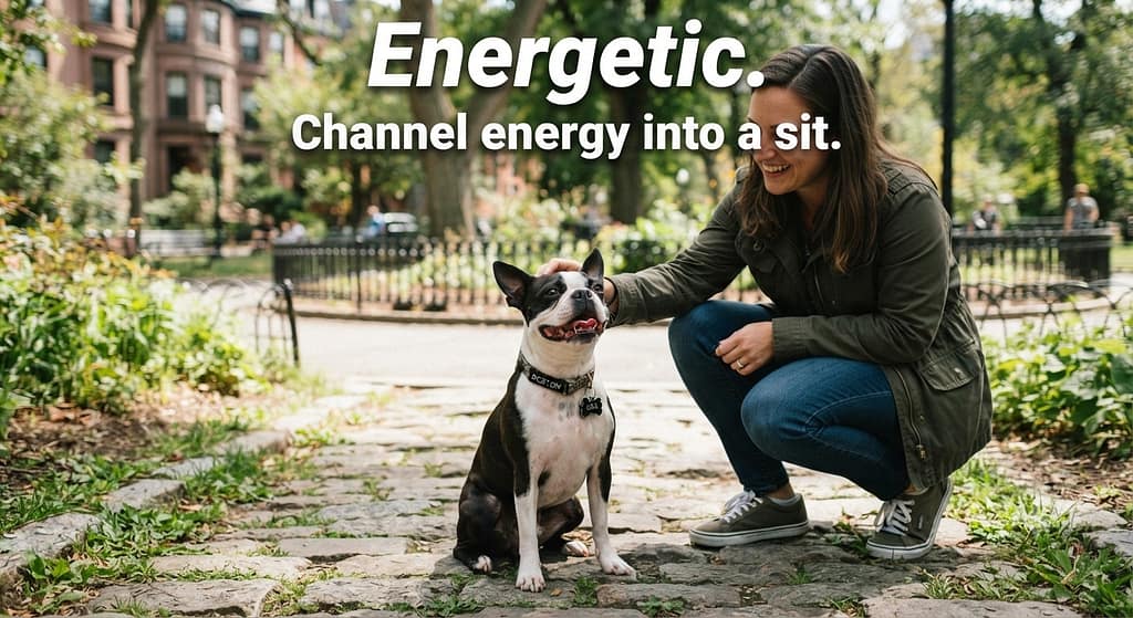 Boston greeting photo Boston sitting for greeting. Text: "Energetic. Channel energy into a sit."