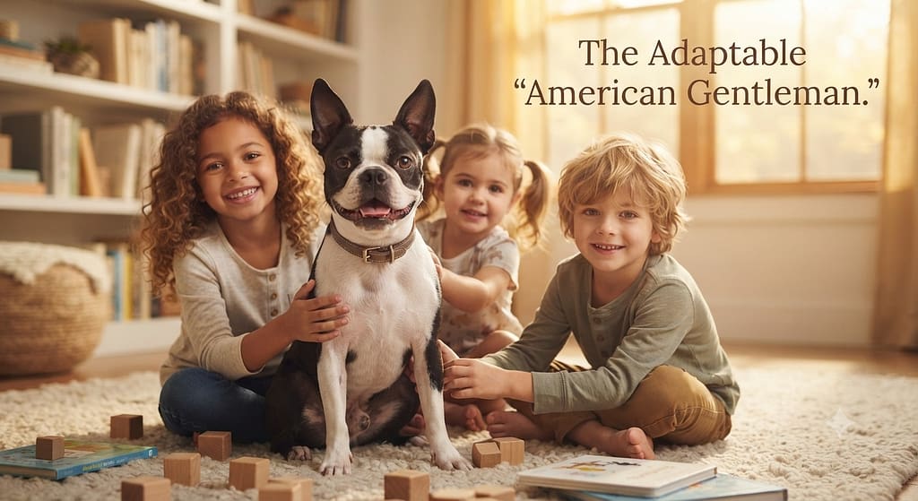 Boston Terrier with kids hero photo Boston with children, alert and friendly. Text: "The Adaptable 'American Gentleman.'"