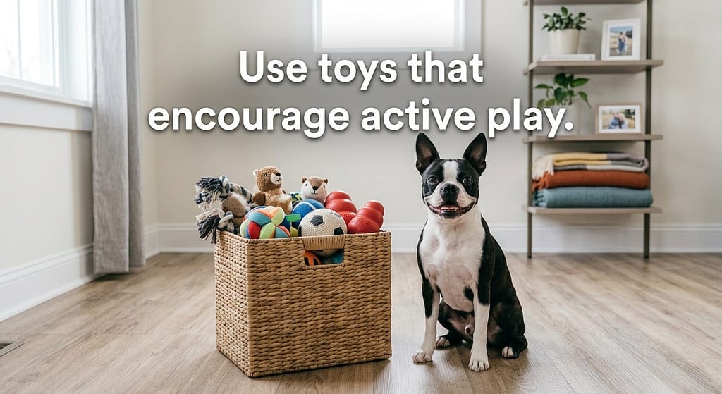 Boston space-saving photo Boston with toy basket. Text: "Use toys that encourage active play."