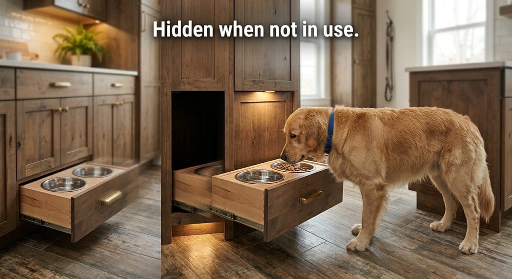 Drawer feeder action photo Bowl sliding out from cabinet drawer. Text: "Hidden when not in use."