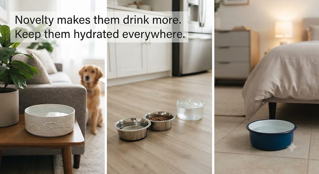 Three water bowls photo Bowls in different rooms. Text: "Novelty makes them drink more."
