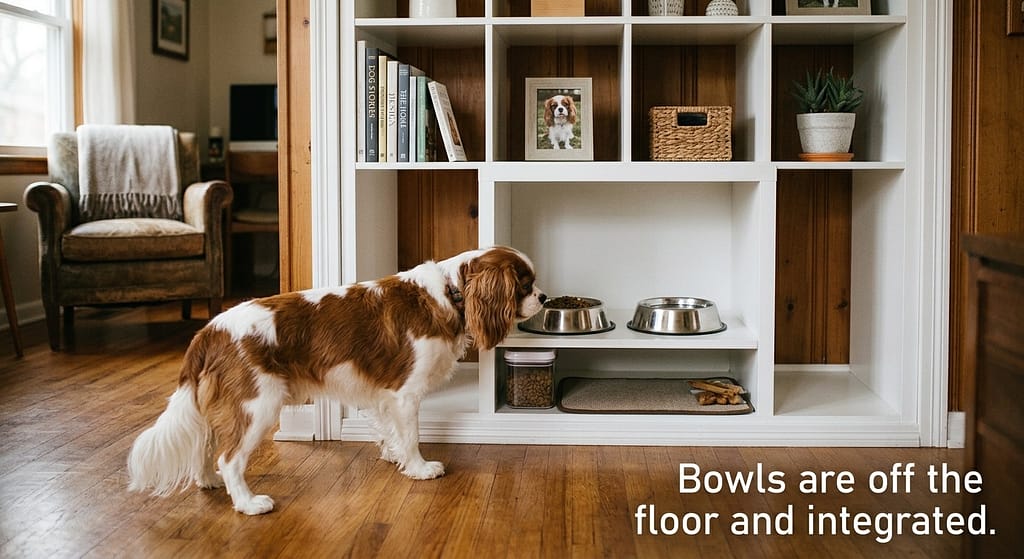 Billy feeding station photo Bowls on lower shelf of Billy bookcase. Text: "Bowls are off the floor and integrated."